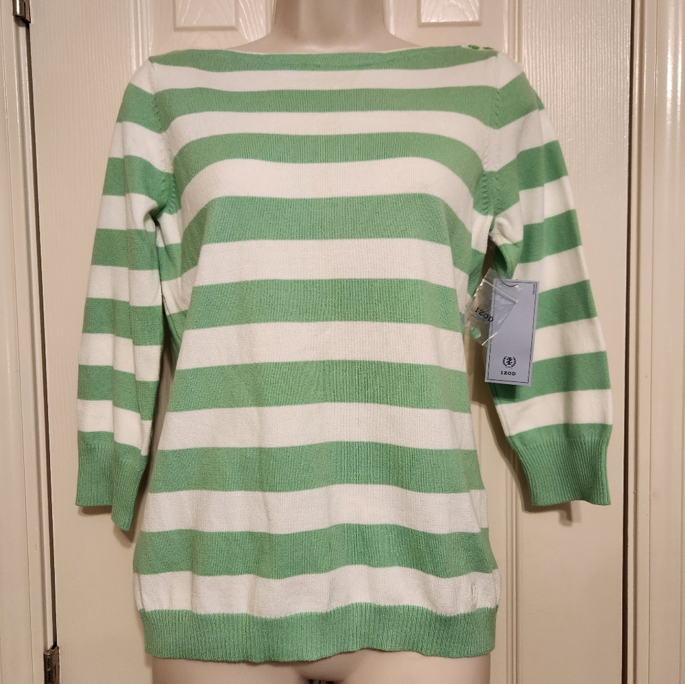 💕NWT IZOD Green and White Striped Sweater Size Small - Picture 1 of 9